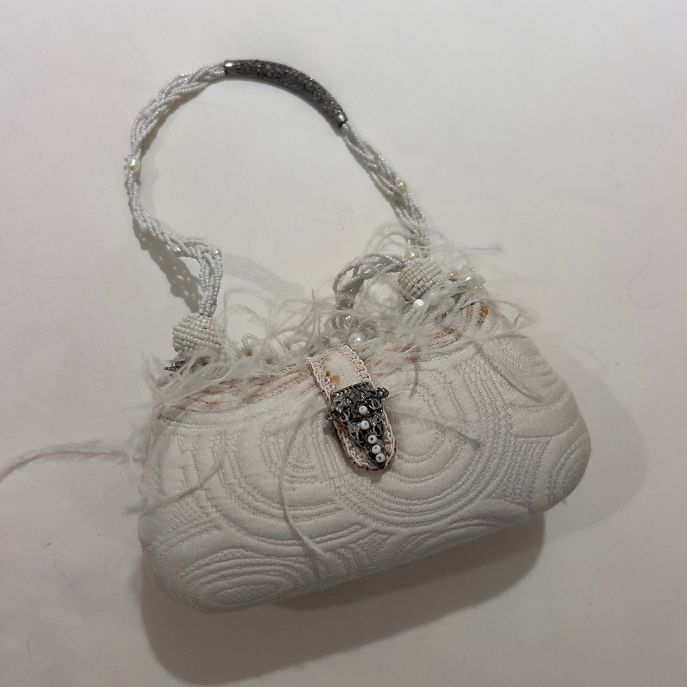 Vintage Beaded Bridal Evening Bag Cream Pearl Feather Filigree Handbag
